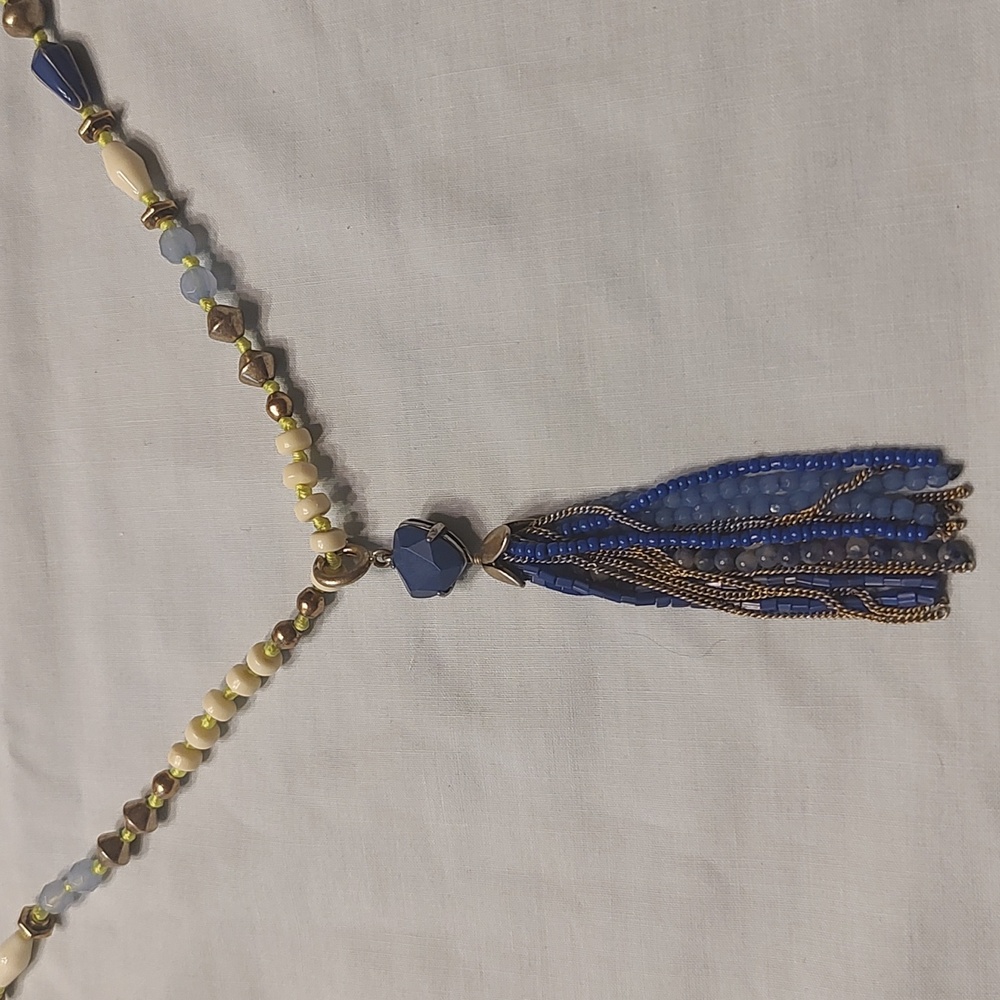 Stella and dot necklace lime green blues and silver, tassel